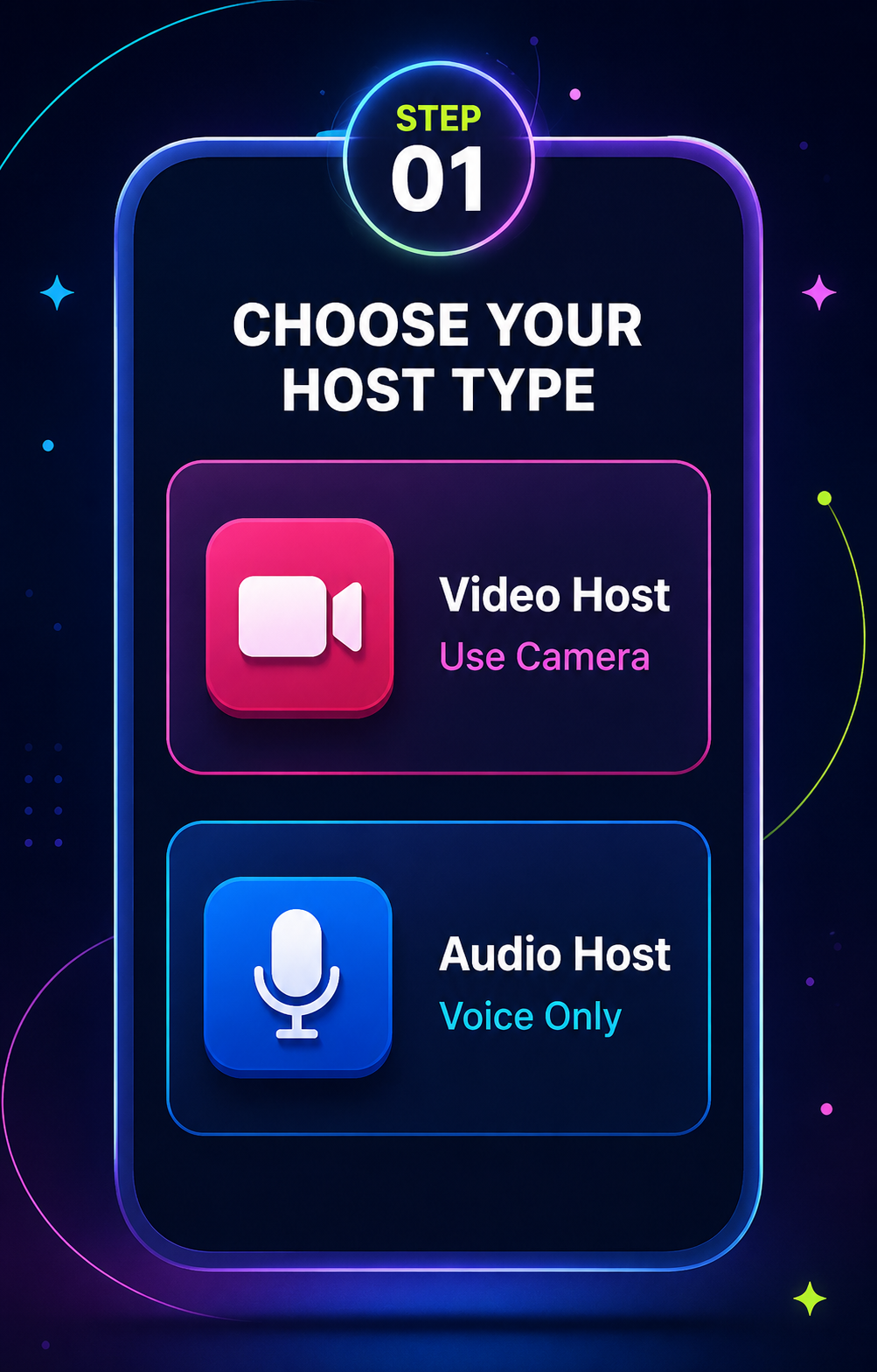 MIGO LIVE onboarding step 1: Choose audio or video hosting