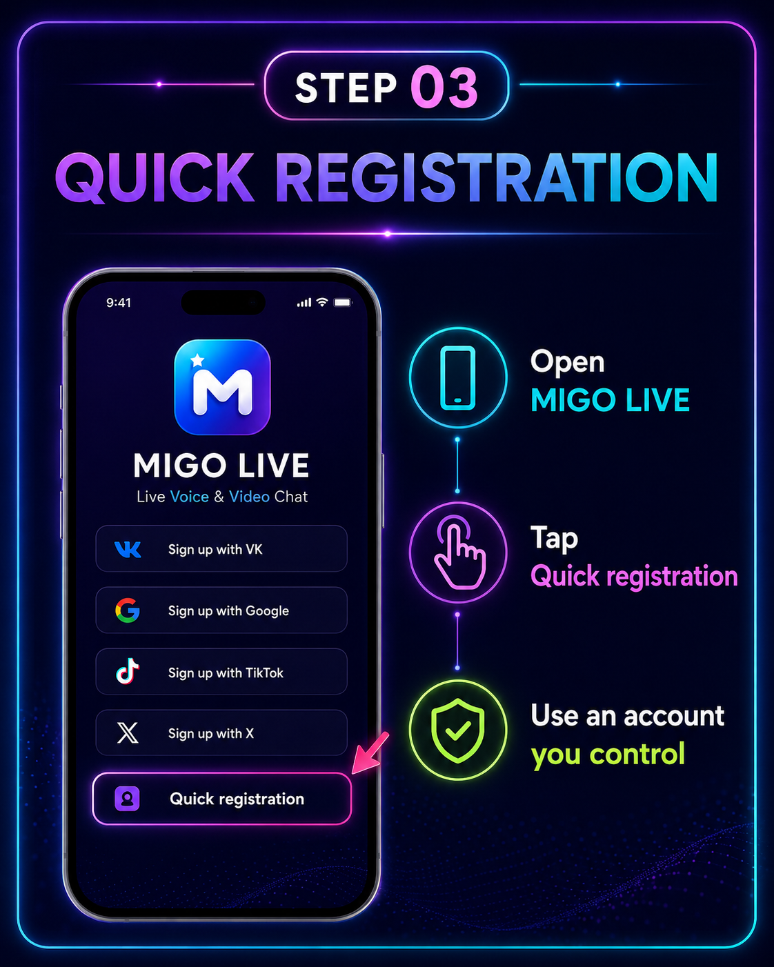 MIGO LIVE onboarding step 3: Use Quick Registration